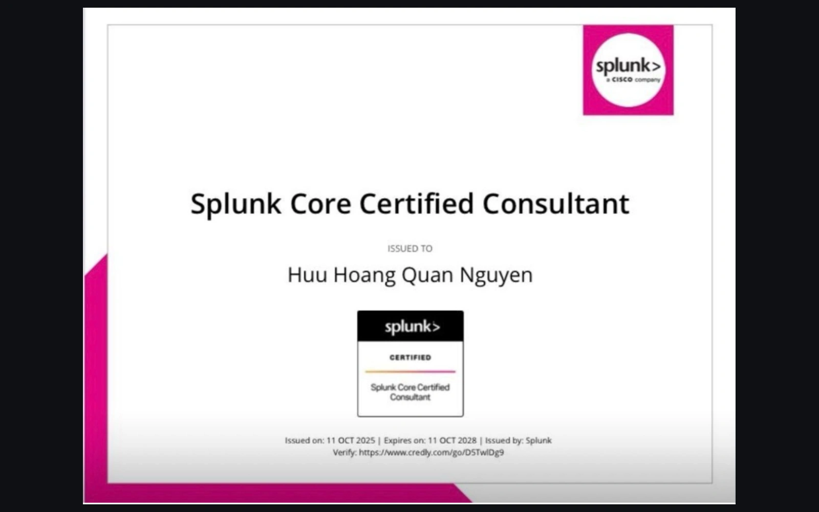 Splunk Core Certified Consultant certificate issued to Huu Hoang Quan Nguyen