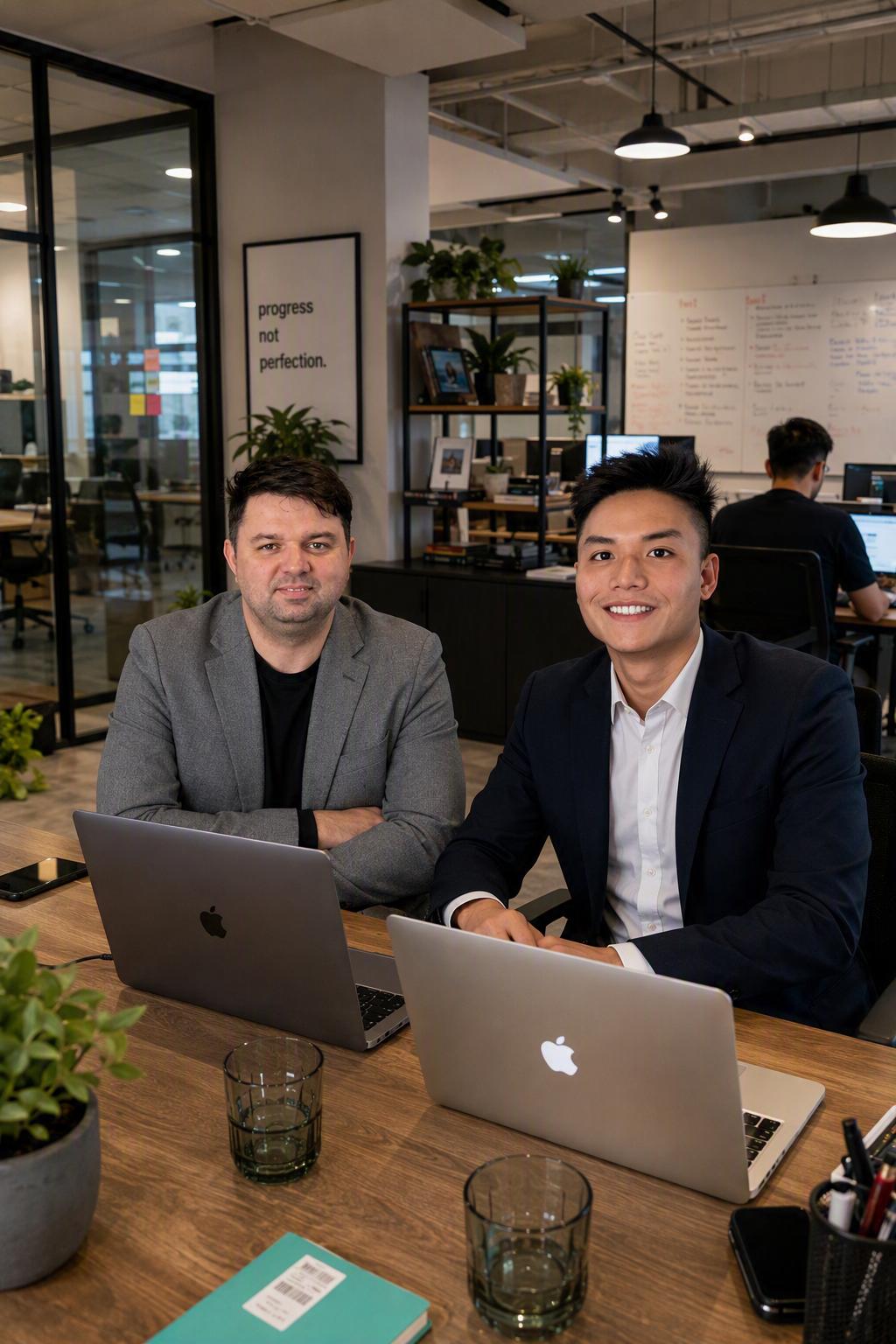 Ivan and Hoang at their laptops in the office